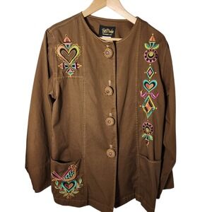 Bob Mackie Wearable Art Embroidered Brown Cotton Jacket Medium